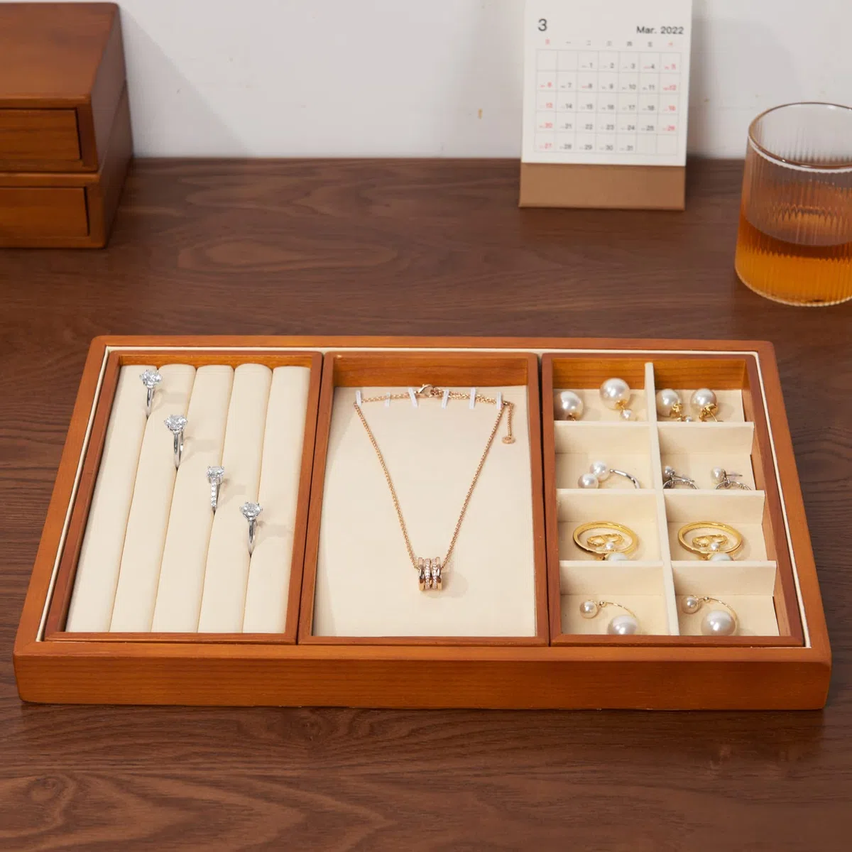 Oirlv Bandeja De Madera Apilable 4 En 1,Para Joyería Anillo Pendientes Pulsera Collar Bandeja Organizadora(Beige)