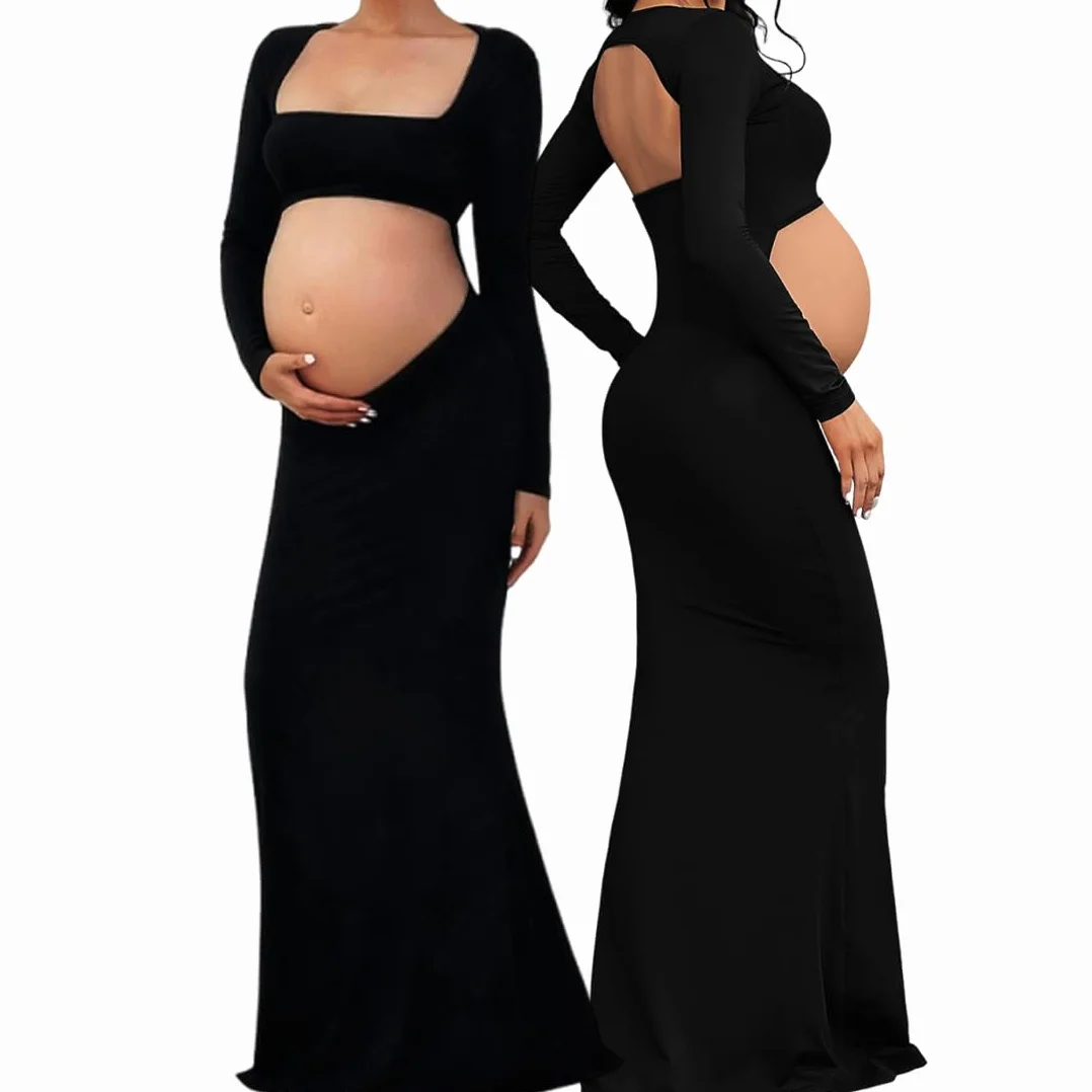 Vestido Largo de Maternidad Mujer para Fotografia Vestidos Premamá Falda Larga Manga Cuello Cuadrado Vestidos de Embarazo Shooting Foto sin Espalda Maxi Vestido de Fiesta