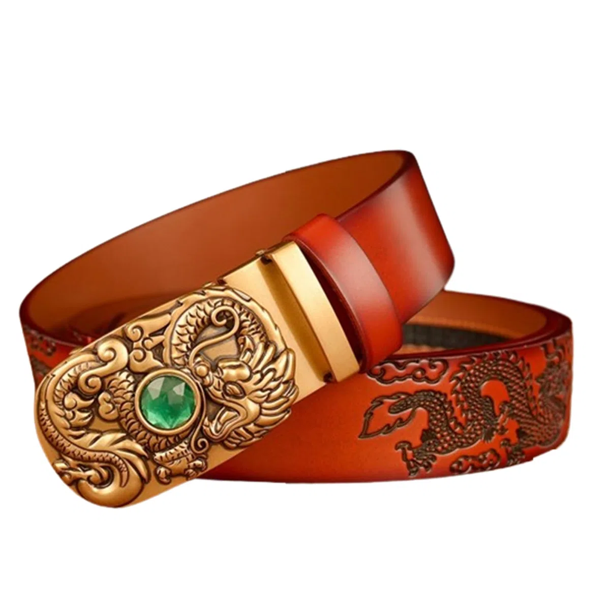 Cinturón De Trinquete For Hombre, Piel Auténtica, 3,5 Cm Ancho, Con Cierre Automático, Hebilla Deslizante Y Escultura Grabada Decorativa