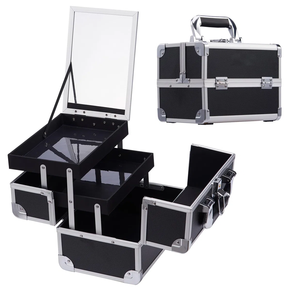 Maletín Maquillaje Profesional Negro Estuche de Maquillaje Maletín de Manicura Caja Maquillaje Joyero Cosméticos con Espejo Vacío de Viaje Regalos para Mujeres