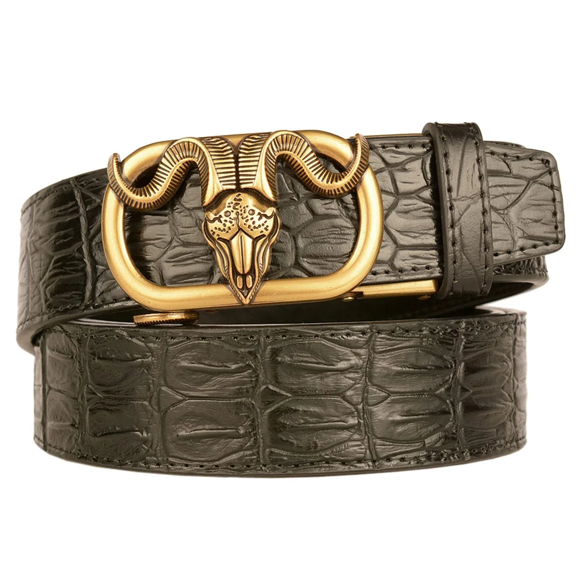 Cinturón para Hombre, Cinturones de Hebilla Deslizante de trinquete de Cuero, Hebilla automática de Metal,Black Gold,120cm