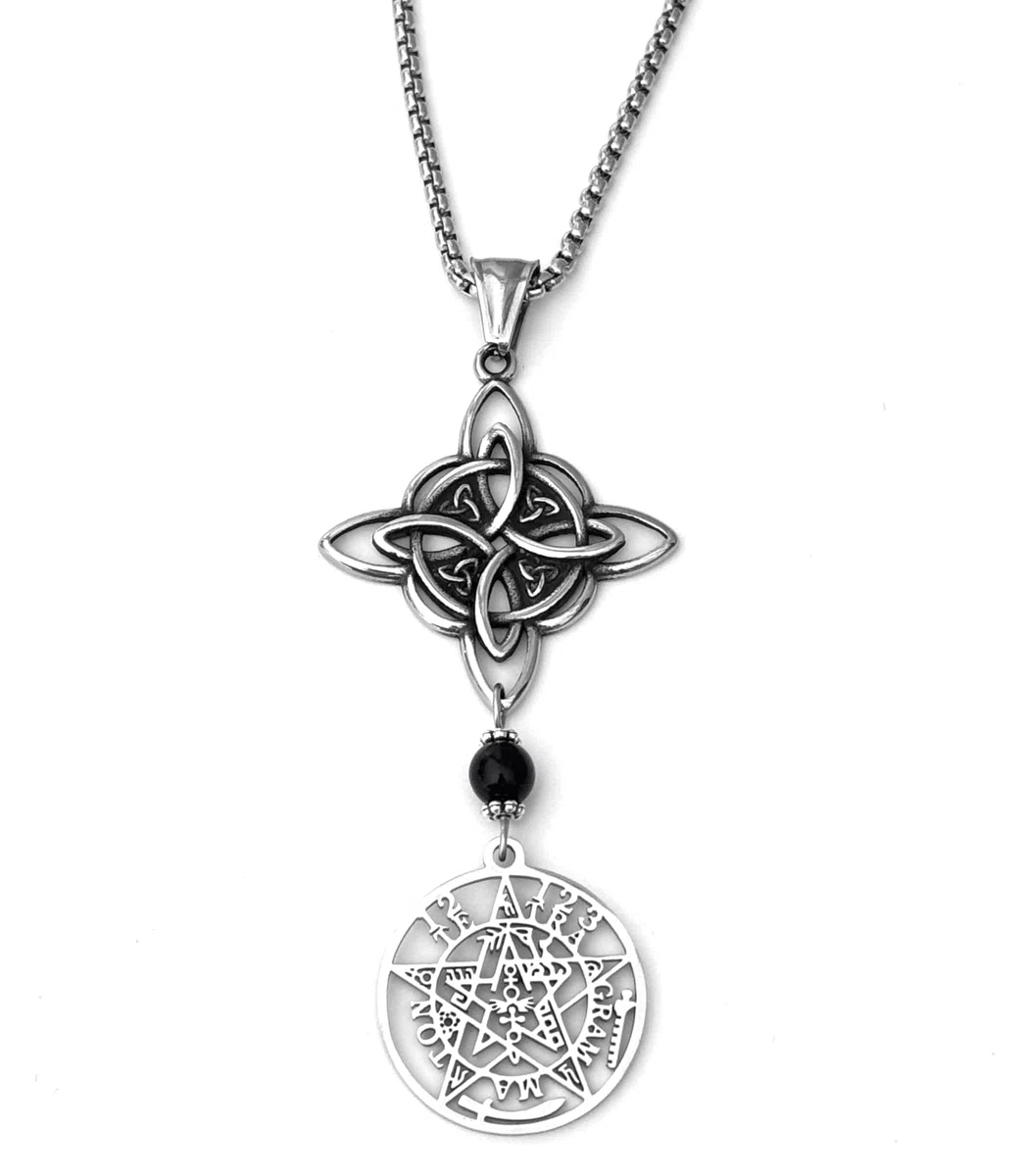 Simboliks Colgante Tetragrammaton con Nudos de Bruja mineral negro, Amuleto Triple Protección, Acero Inoxidable, Joyería Esotérica para Energía y Protección Espiritual, Regalo Bruja, Obsequio pulsera