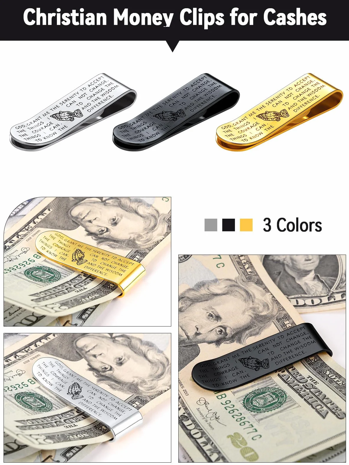 FaithHeart Pinza Hombre para Billetes Tarjetas Acero Inoxidable 316L Clip de Dinero Metal Accesorio Equipaje Pinza Religiosa Biblia Mano de Oración