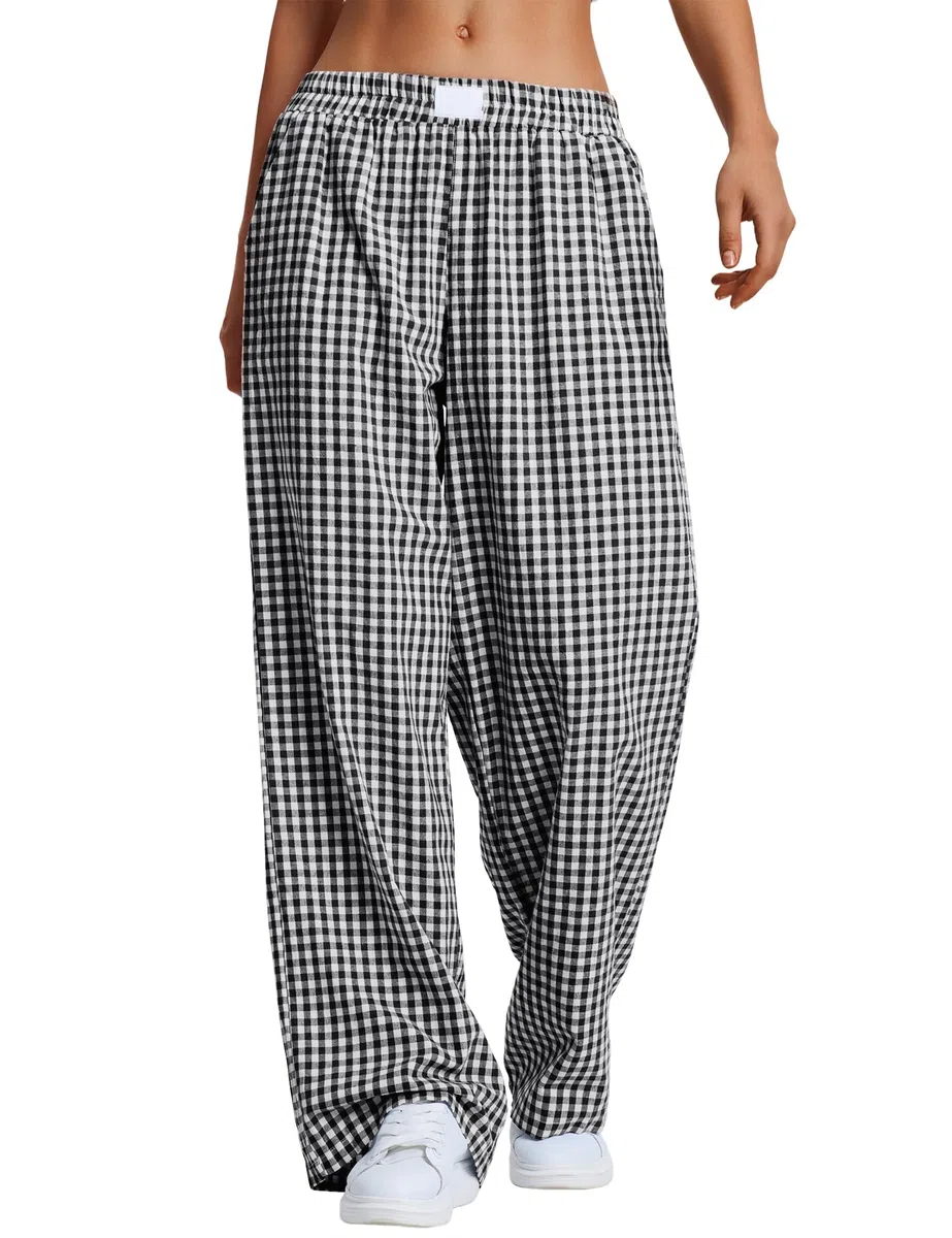 Rapbin Pantalones de pijama para mujer, largos de verano 2026, de algodón, a cuadros, pantalones de dormir suaves y casuales con bolsillos