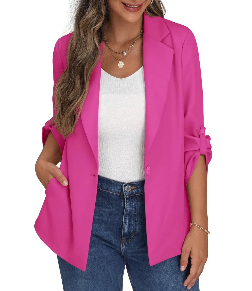 PrinStory Americana abierta para mujer, chaqueta de manga ajustable con botones y bolsillos