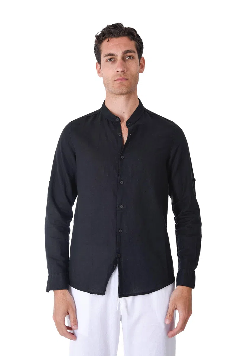 Camisa de hombre 100% lino cuello coreano blanco azul beige celeste negro rosa verde manga larga verano Slim Fit Serafino Sartorial Mangas revolables Negro L