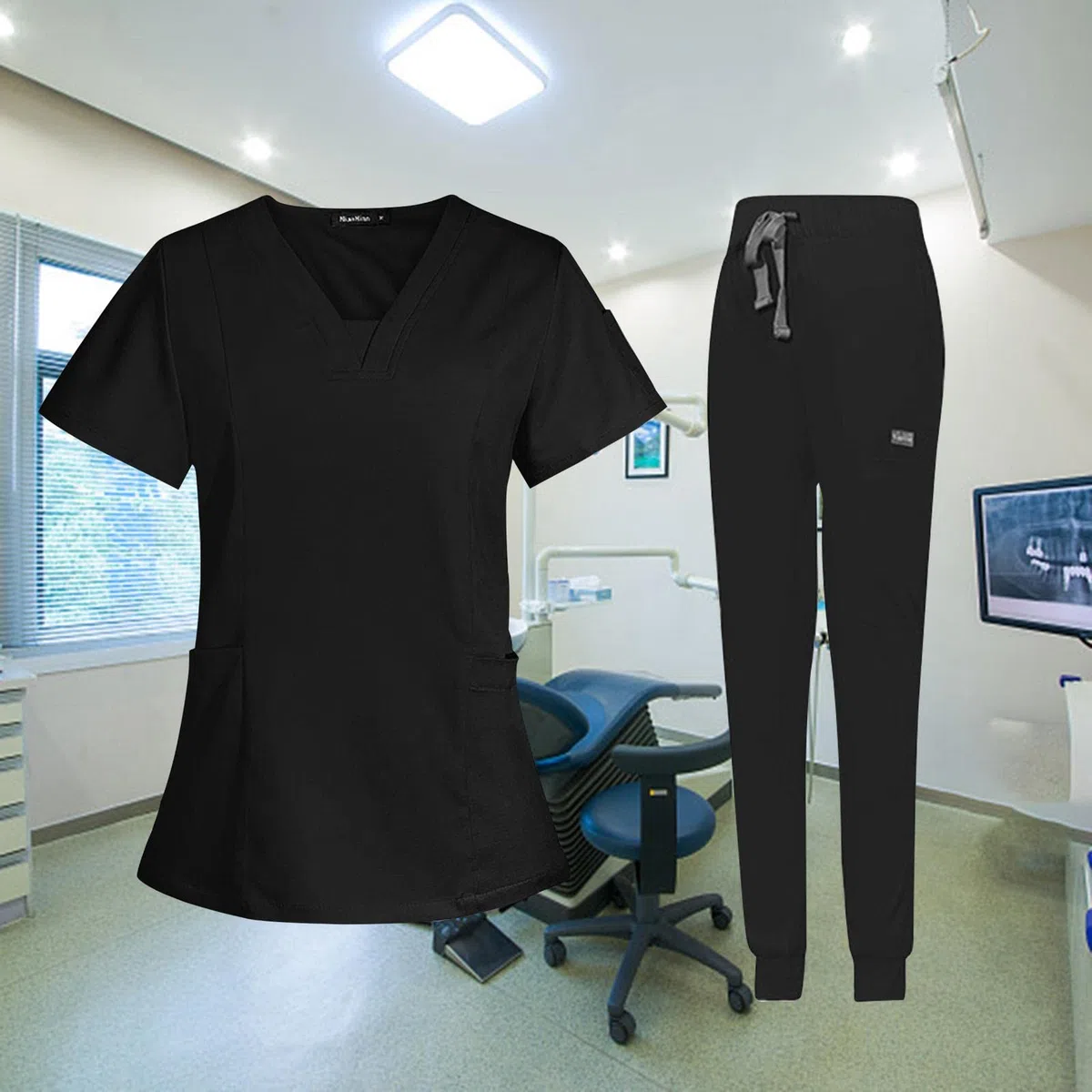 Conjunto de Uniforme Médico para Mujer, Cómodo Escote en Múltiples Bolsillos, Lavable a Máquina. Blusa de Manga Corta Y Pantalón para Enfermera,