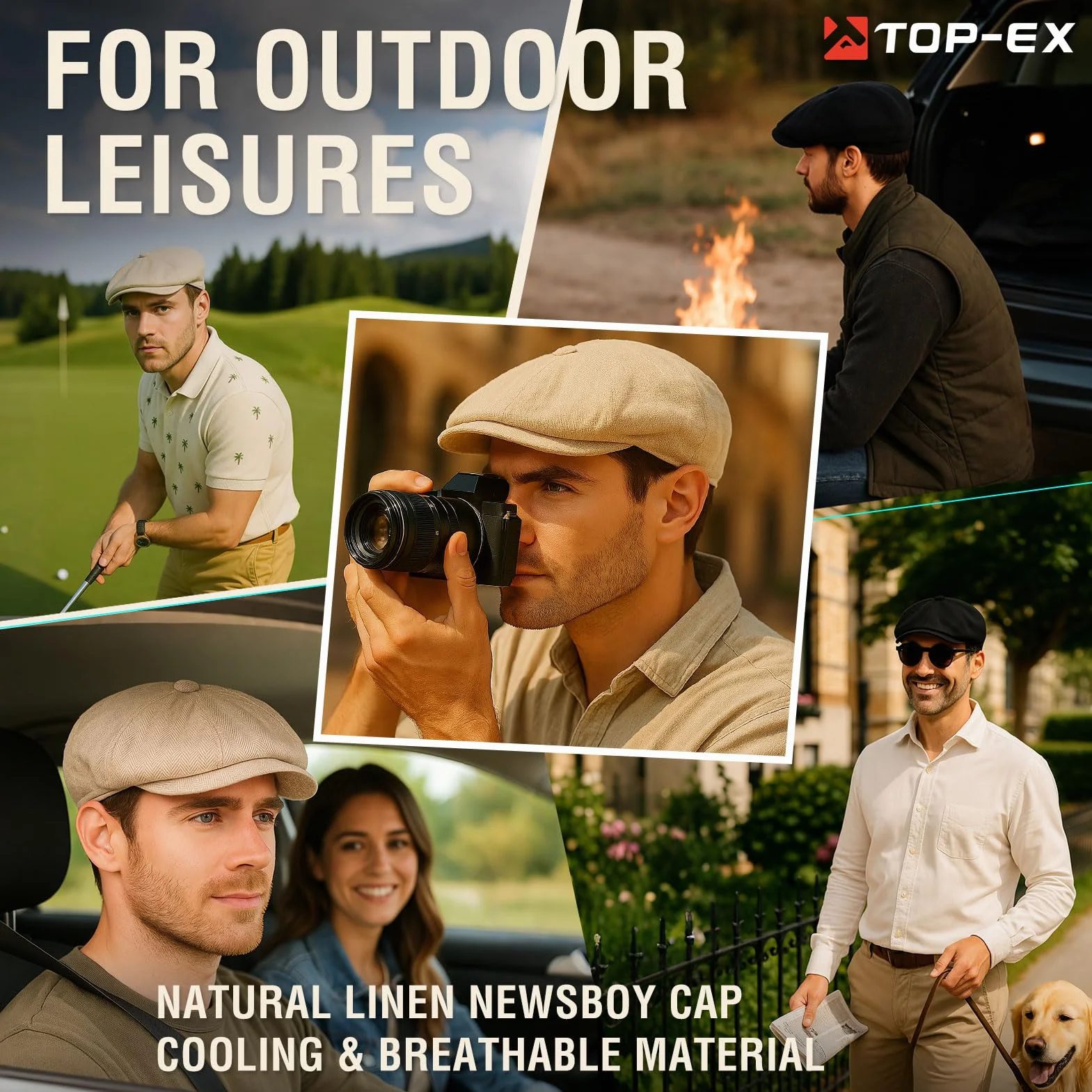 TOP-EX Gorro de verano para hombre, ligero, transpirable, 8 paneles, plano, Gatsby de lino, para cabezas grandes, M/L L/XL XL/XXL