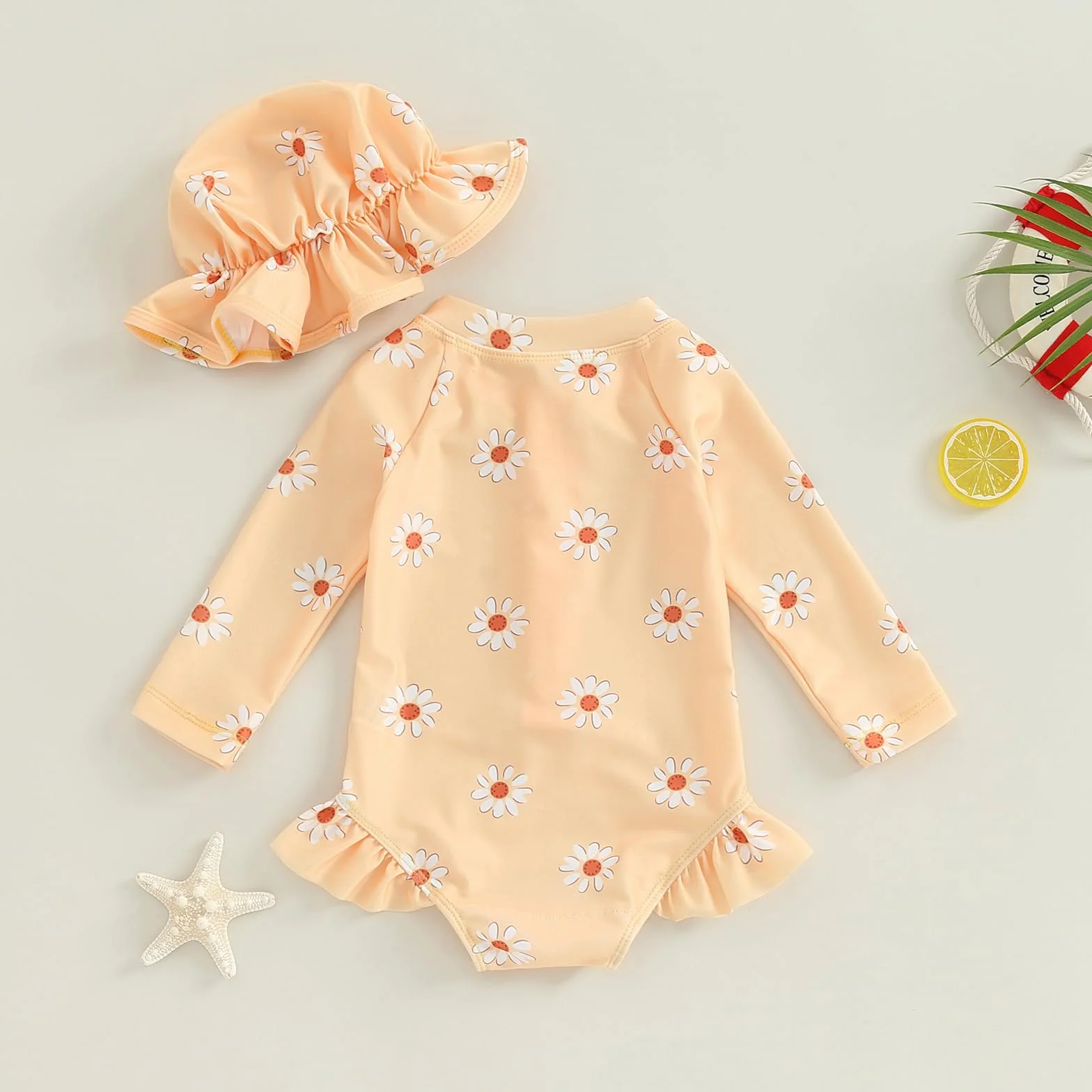 Carolilly - Traje de baño de una pieza para bebé y niña, estampado floral, con sombrero de manga larga antirrayos UV (6 meses a 3 años)