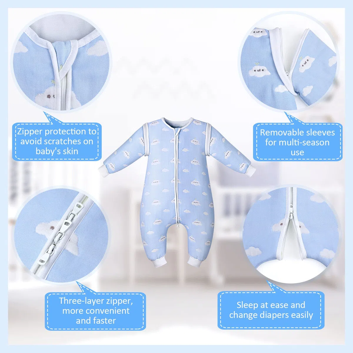Lictin Saco de Dormir con Pies y Manga 2.0TOG-Saco de Dormir Bebe Niños con Mangas Extraíbles para 12-36 Meses de 80 (Motivo de Cielo Azul y Nubes Blancas)
