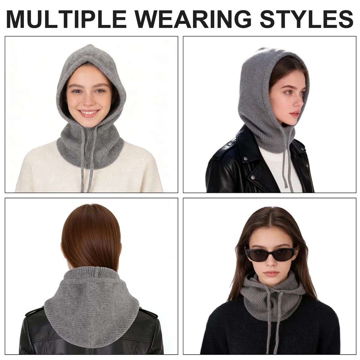 Mujer Invierno Gorro de Punto y Bufanda con Capucha, 2 en 1 Térmicos Prueba de Viento Ajustable Pasamontañas, Moda Gorro con Visera Calentador de Cuello para Deportes al aire libre Diario Correr