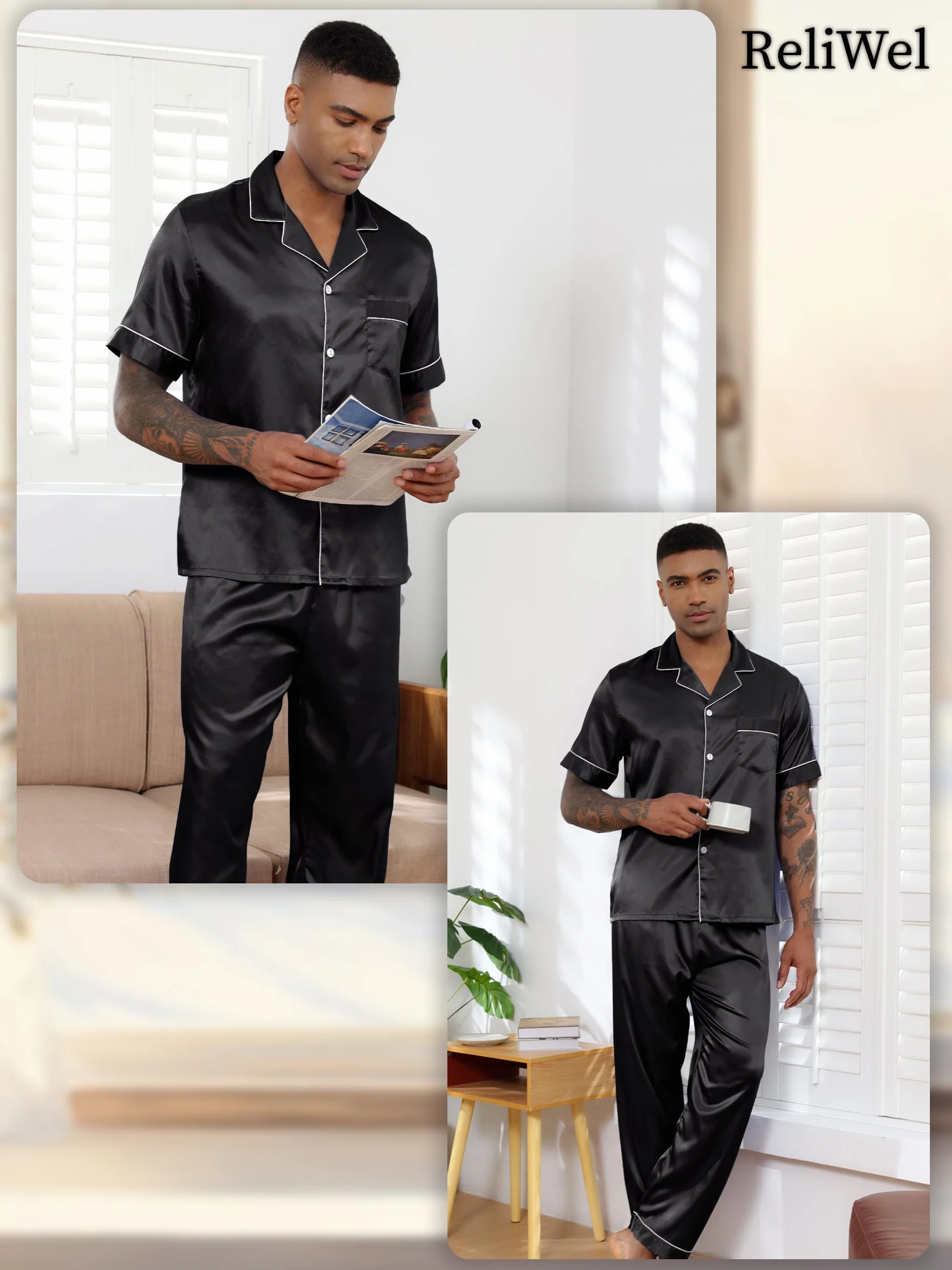 Pijama Hombre Satén Pijama de Seda para Hombre Manga Larga con Botones y Pantalones Largos Ropa de Descanso Conjuntos de 2 Piezas