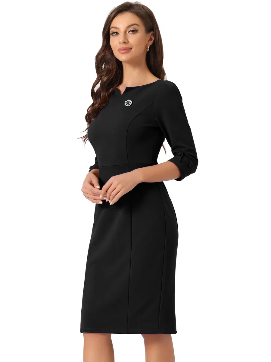 Allegra K Vestidos Midi para Mujer, Manga 3/4, Escote Corazón, Corte Ajustado, Vestido de Lápiz Oficina