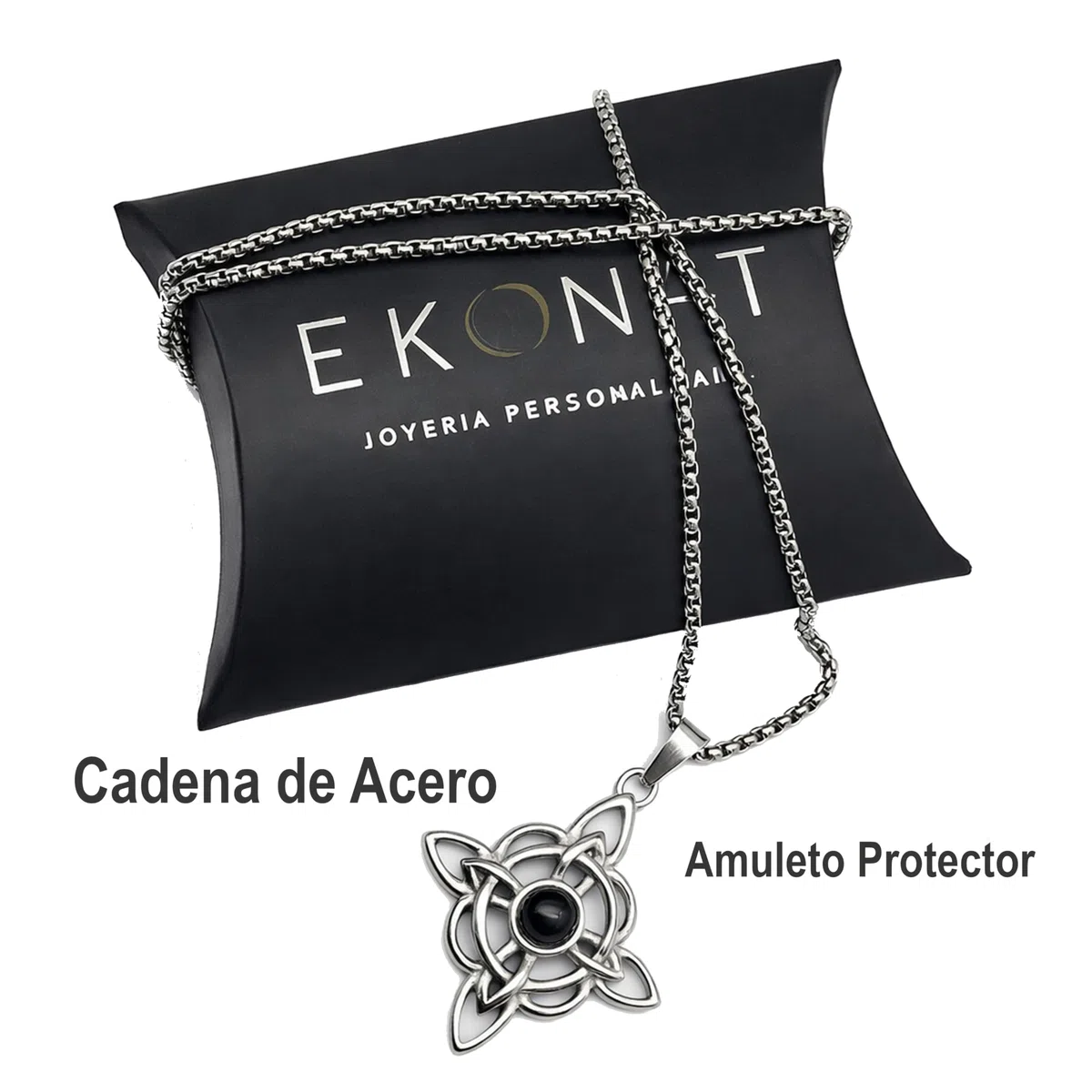Ekonat-Nudo de bruja con ágata negra- amuletos de la suerte y proteccion- colgantes nudo de bruja - amuleto protector- tamaño 30 mm cadena acero 55 cm