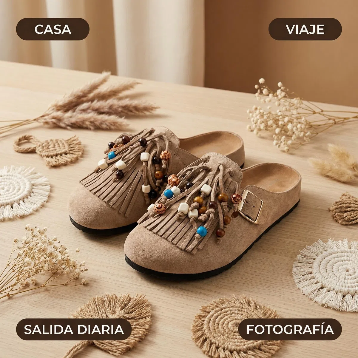 Zuecos para Mujer Estilo Boho con Flecos y Cuentas Decorativas, Ante Sintético, Suela EVA Antideslizante, Hebilla Ajustable 36-41