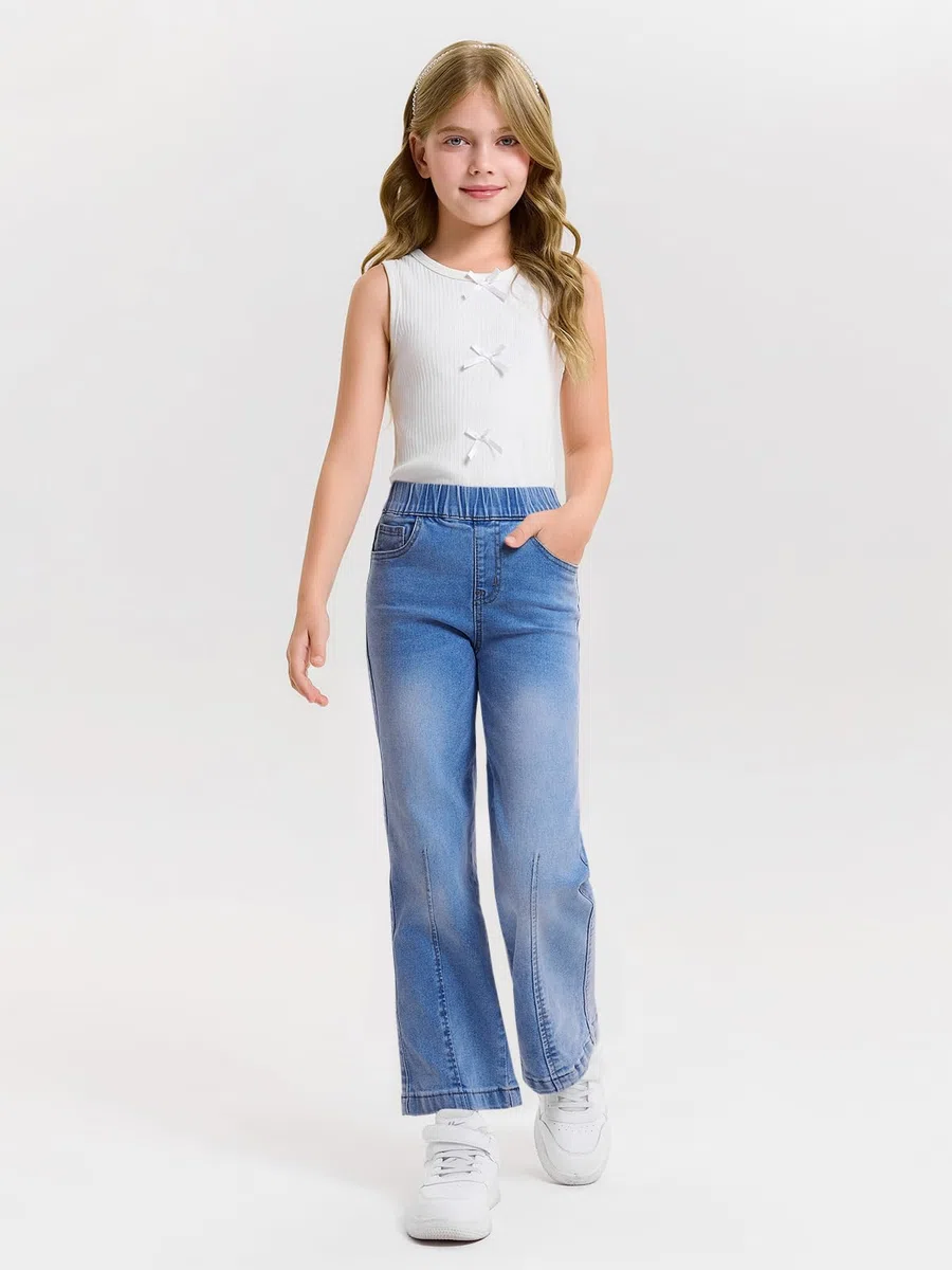 Haloumoning Jeans de pierna ancha para niñas, cintura elástica, pantalones de mezclilla holgados con bolsillos, 5-14 años