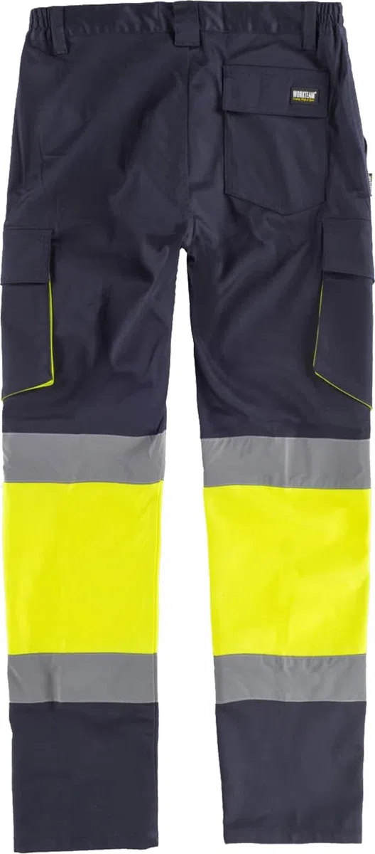 WORKTEAM Pantalón de Trabajo Slim Fit de Alta Visibilidad con Cintas Reflectantes, Multibolsillos y Tejido Elástico. EN ISO 20471. Clase 1. Unisex