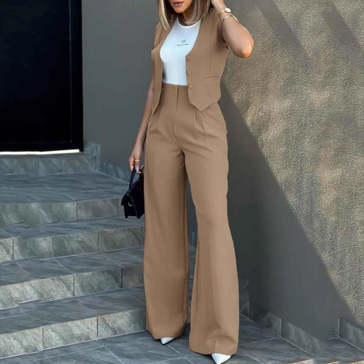 Elegante traje de pantalón para mujer con chaleco, cárdigan de tanque, para vestidos de noche elegantes de negocios, con piernas anchas, prácticos bolsillos