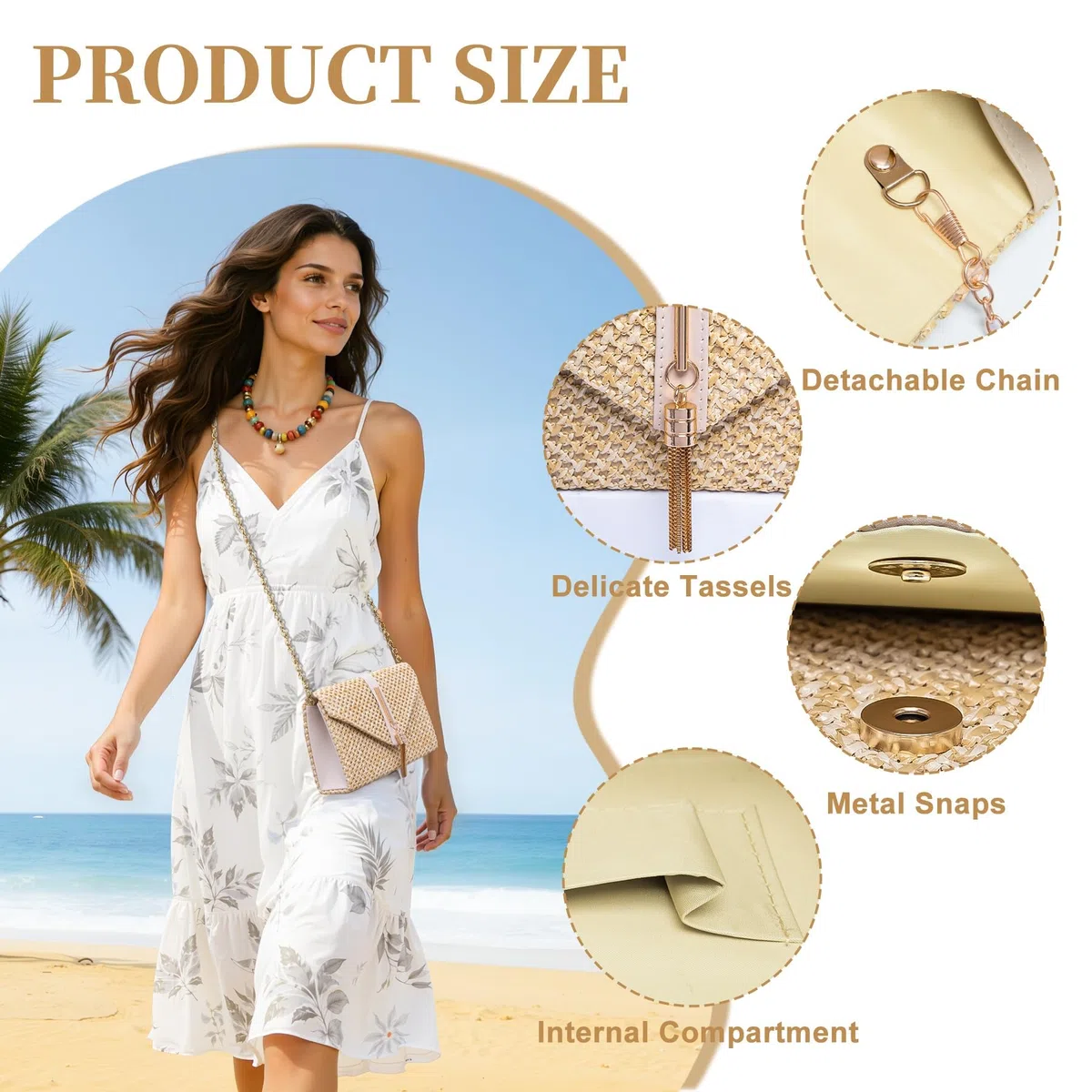 Larcenciel Bolso Mujer Paja, Bolsos Mujer Borlas Verano Playa con Cadena Desmontable, Elegante Boho Sobre Rafia Clutch Fiesta, Casuale Bandolera Cartera de Mano para Bodas Vacaciones, 21.7x5.5x13.5CM