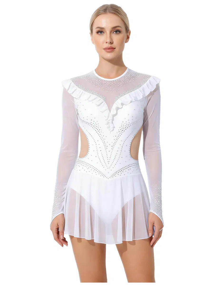 Traje Patinaje sobre Hielo Mujer Traje Baile con Brillo Ballet Patinaje sobre Ruedas con Manga Larga Malla Bailarina Danza Latina Rumba Tango Baile Hielo