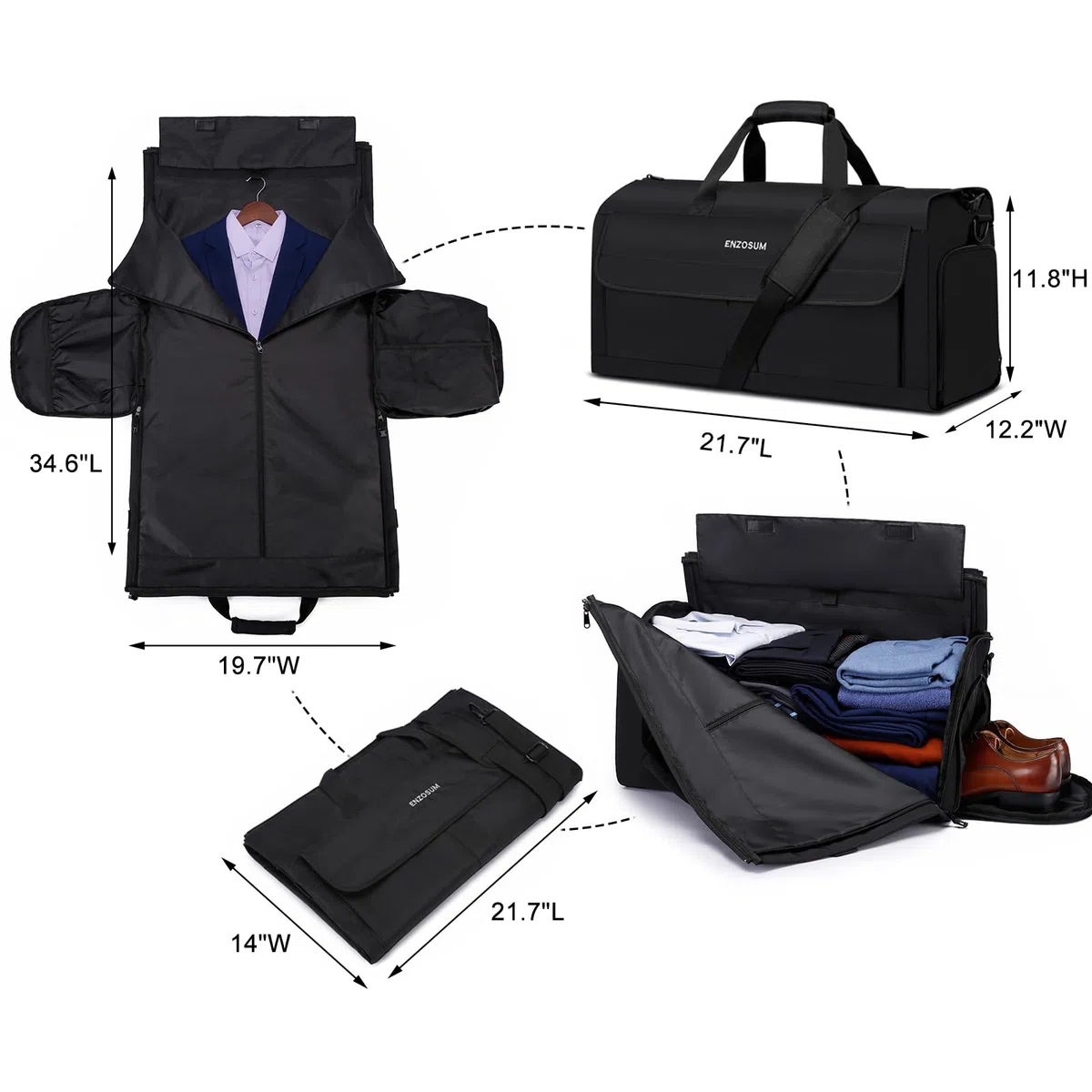 Bolsa Portatrajes Funda de Viaje para Traje Bolso Porta Trajes Ropa Vestidos con Correa para el Hombro Ajustable, Bolso Weekender Porta Trajes 2en1, Porta Traje para Hombre, Equipaje de Mano, Negro