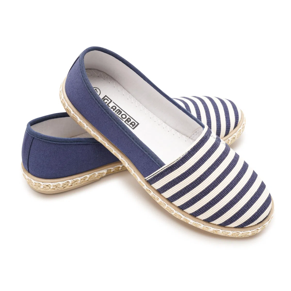 GLAMORA Alpargatas Mujer Lona a Rayas, Bailarinas Esparto Mujer Suela Goma Antideslizante, Manoletinas Planas Verano Comodas, Zapatos Slip On Mujer Ligeros Transpirables Calzado Verano Mujer
