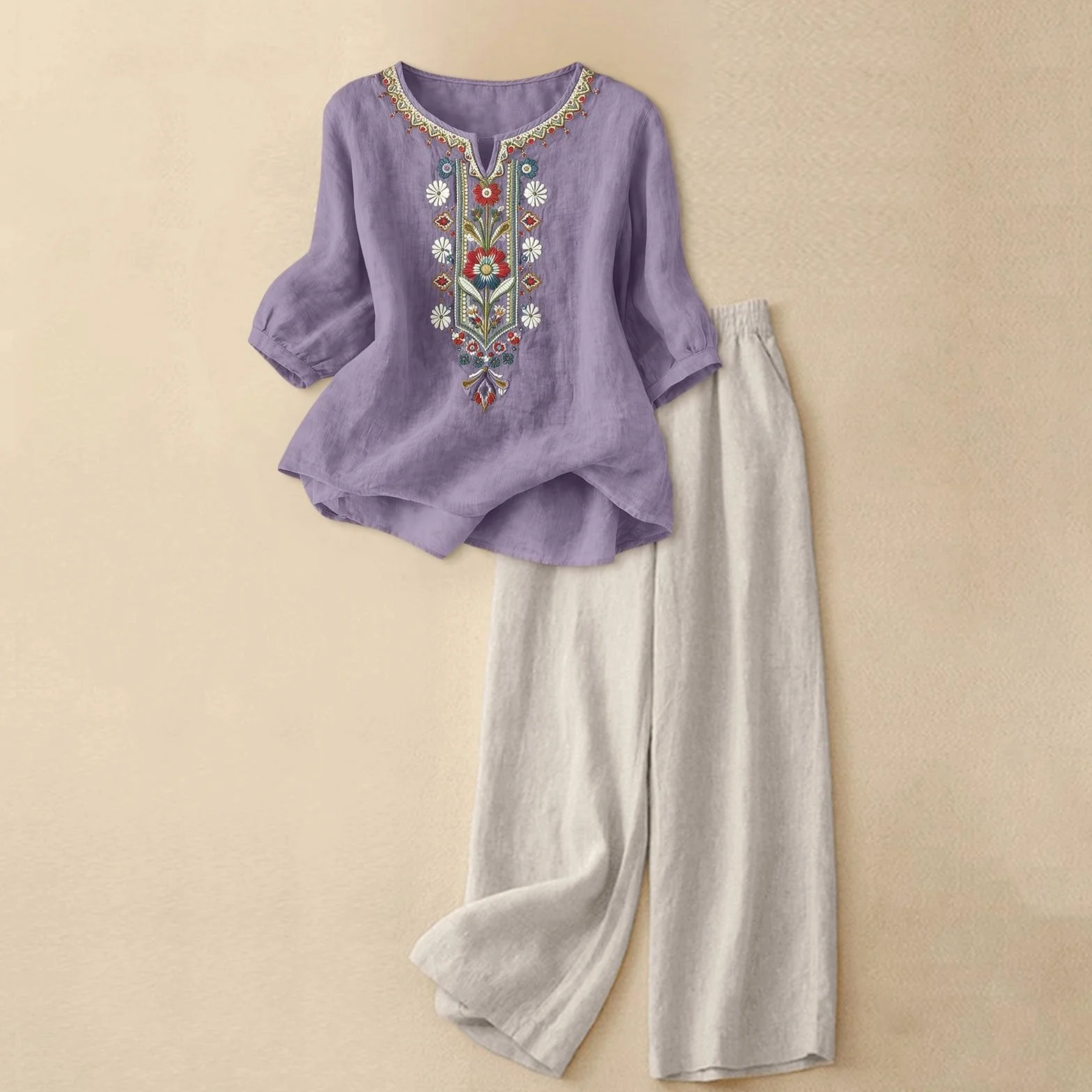Conjunto Mujer Verano 2 Piezas Original Moda Algodon y Lino Traje de Primavera Ligero Chándal Blusa Manga 3/4 Pantalones Ropa de Playa Vacaciones Deportivo Casa Trabajo M-3XL