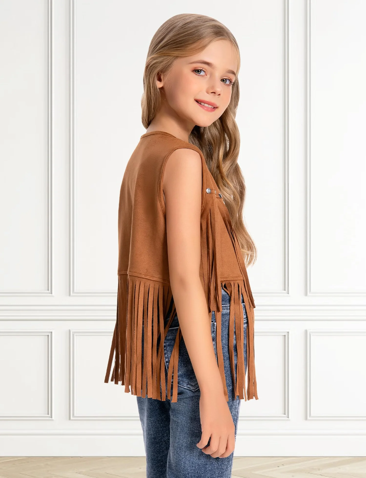 SEAUR - Chaleco con flecos para niña hippie chaleco vaquera occidental con remaches sin mangas de piel sintética ropa estilo años 60-70 niños 5-6 años