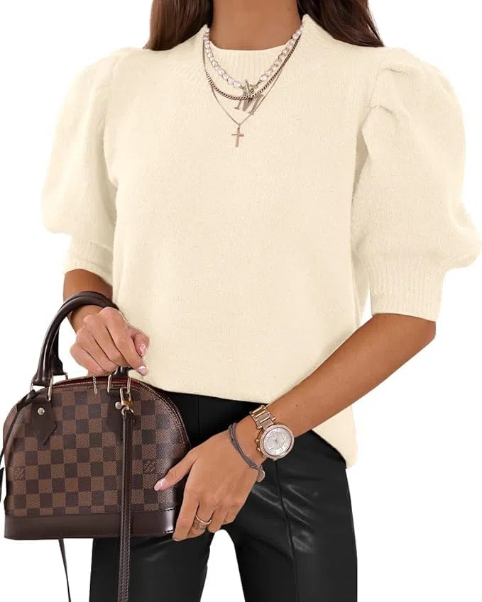 Saodimallsu Jersey de manga corta para mujer, cuello redondo, camiseta de verano ligero de punto, manga abullonada, elegante, blusa elástica, parte superior monocolor, sudadera básica