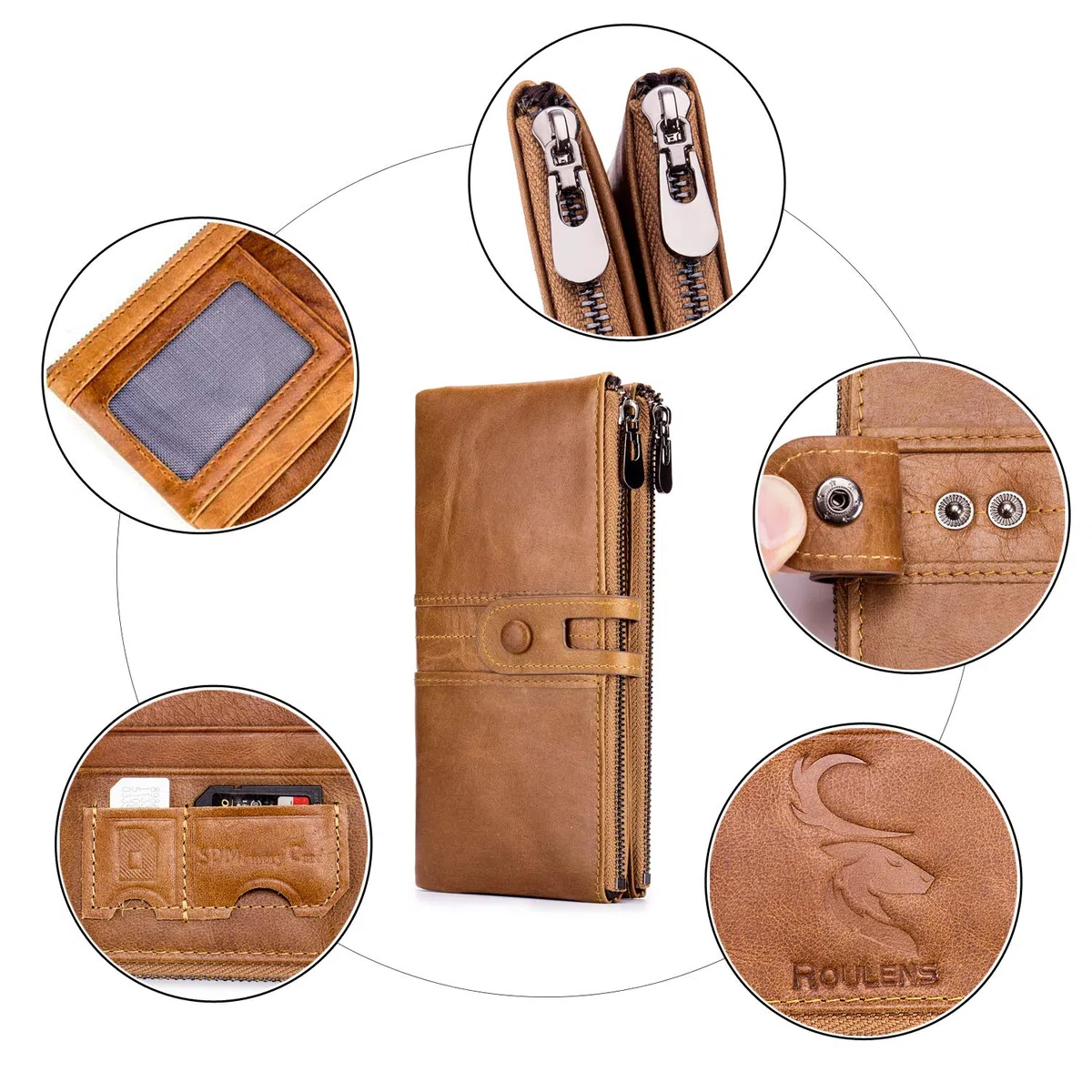 Roulens Cartera de Piel con Cremallera para Mujer con RFID Bloqueo,Monederos para Mujer Cartera de Mujer de Gran Capacidad de Cuero Genuino de Mujer