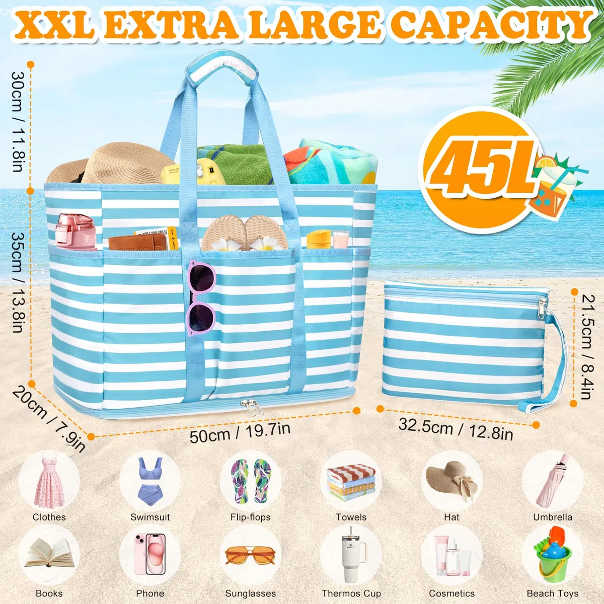 TEUEN Grande Bolsa de Playa XXL, Plegable Bolsa Playa Familiar con Cremallera Bolsa de Viaje Shopper Bolso de Hombro Mujer Tote Bag de mano para Playa Vacaciones,Compras,Trabajo,Viaje