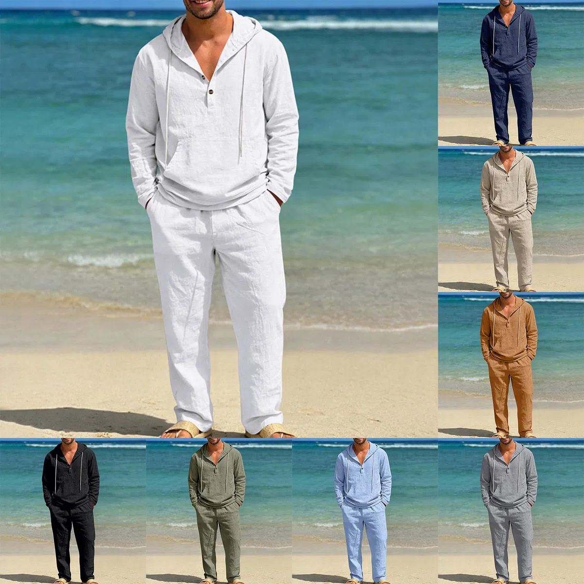 Genérico Traje de Lino para Hombre Informal Conjunto de 2 Piezas Conjunto Deportivo Hombre Camisa Lino Manga Larga Sudadera con Capucha Blusa Verano Camiseta Manga Larga y Pantalón de Playa
