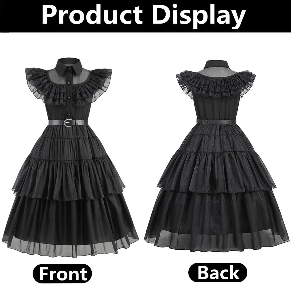 MeYuxg Disfraz de Miércoles para Niñas, Disfraz Miercoles de Carnaval para Niñas, Vestido Addans de Miércoles, Vestido Gótico de Lolita para Niñas, Disfraz Miércoles para Cosplay, Halloween