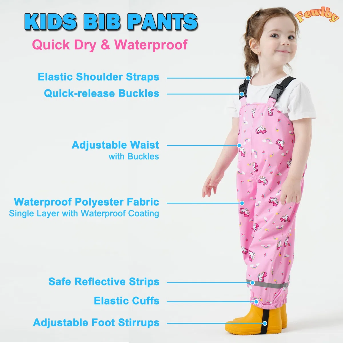 Fewlby Pantalon Impermeable Niños Niñas, Peto de Lluvia Pantalones Barro Mono Impermeable con Tiras Reflectantes Chubasquero Outdoor Traje Impermeable