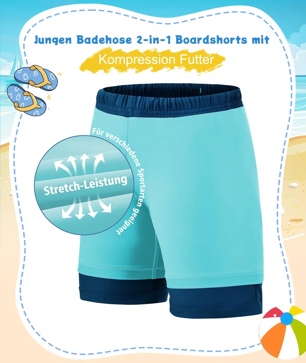Zoofly Pantalones Cortos de Playa para Niños con Forro Compresivo, Secado Rápido y Transpirable, Cintura Elástica y Bolsillos, para Niños de 4-16Años
