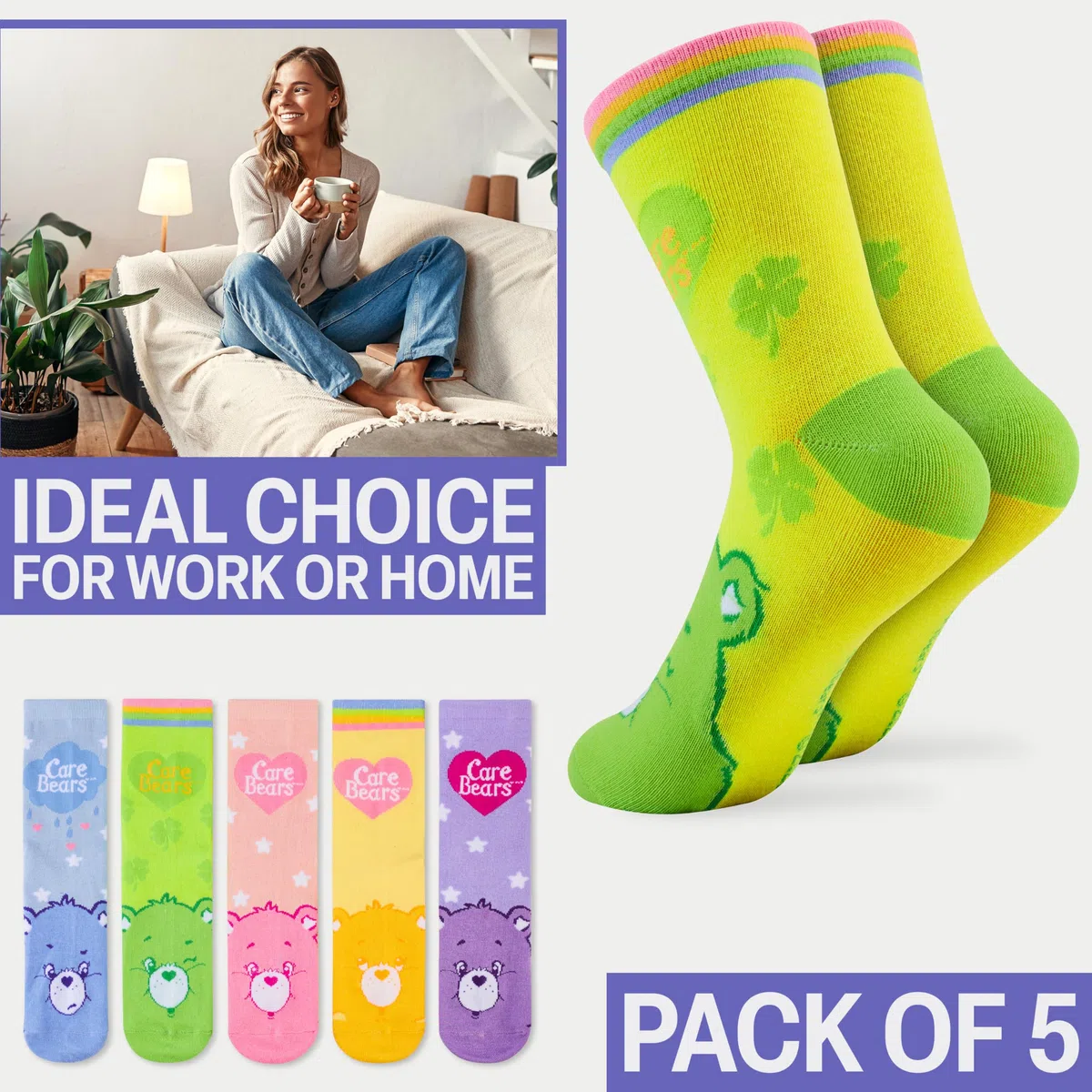 Get Trend Care Bears Calcetines Mujer y Adolescente, Paquete de 6 Calcetines Transpirables y Cálido, 36-41, Regalo Mujer