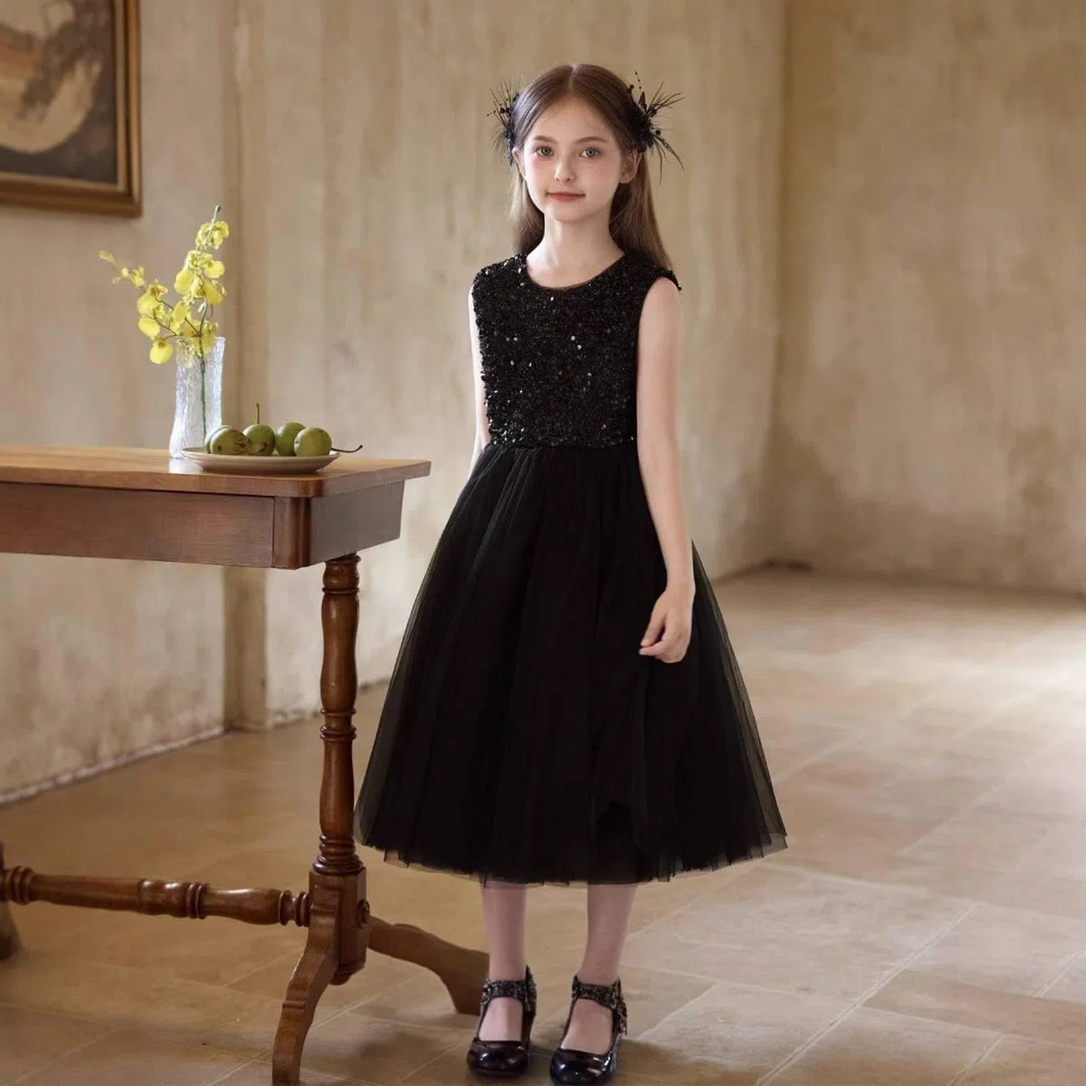 predolo Vestido de Actuación sin Mangas Brillante Vestido de Fiesta Negro Infantil Diseño Elegante para Bodas