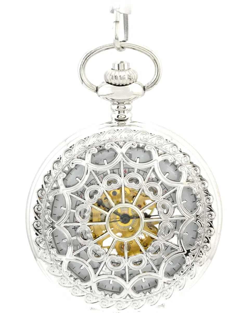 Forma de Corazón Telaraña Hueco Esqueleto Acero Reloj de Bolsillo Movimiento Mecánico Plateado