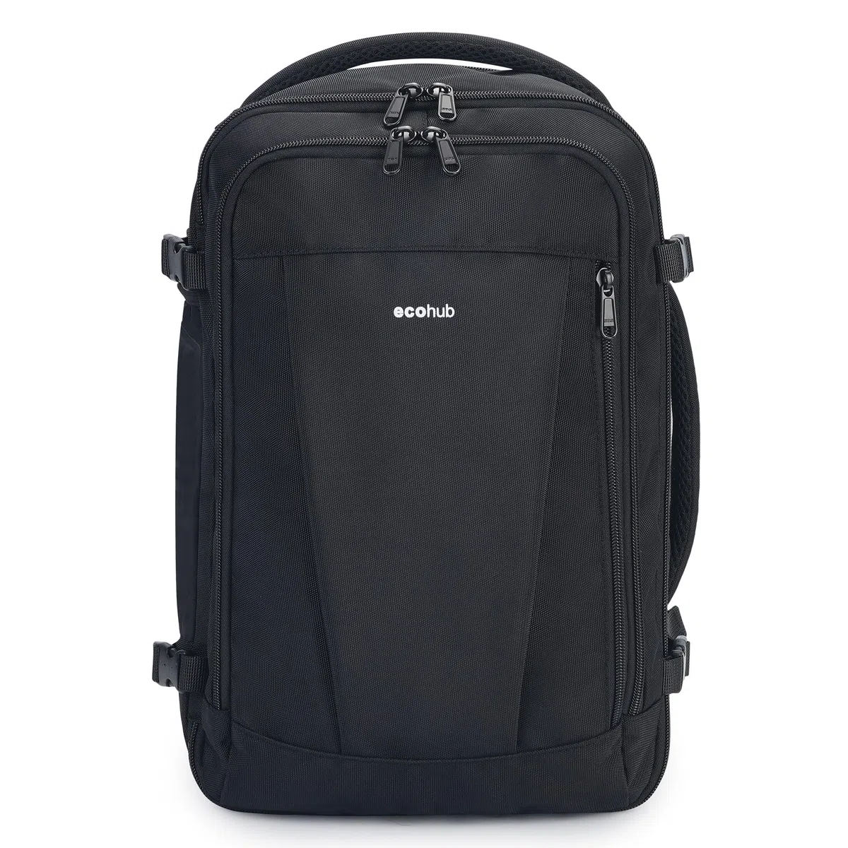 ECOHUB Mochila de Viaje Cabina Avion 40x20x25 Ryanair Con 13 Compartimentos Para Mujer y Hombre, Maleta Debajo del Asiento, Equipaje de Mano 40x30x20 20L, Recicladas, Patentado, Negro