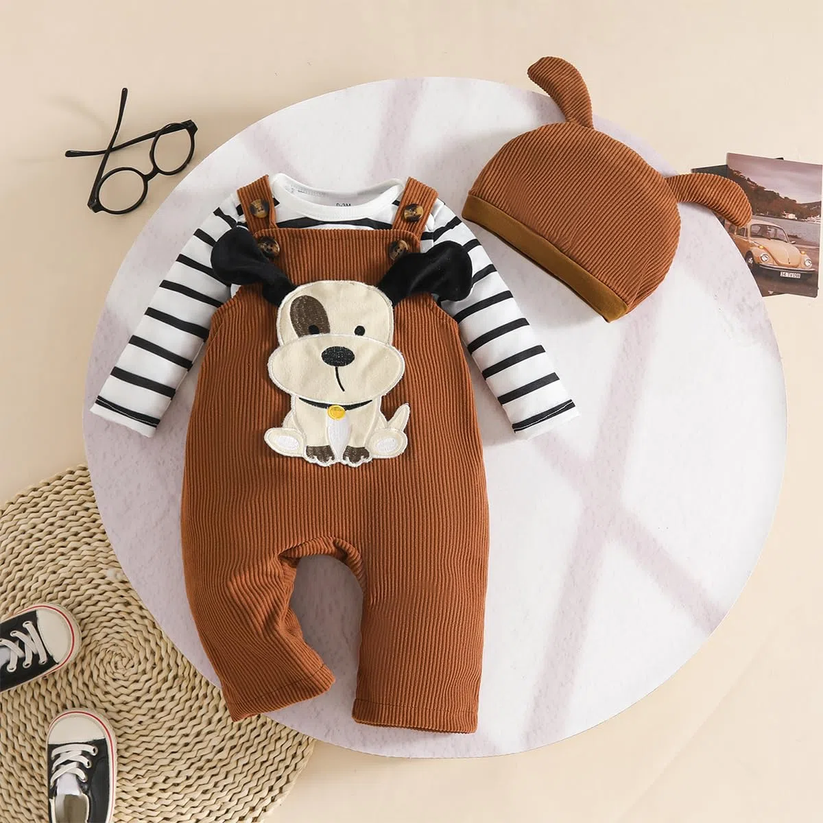 Ropa de Bebé Recién Nacidos Manga Larga Pelele de Rayas + Mono Pantalones con Tirantes y Dibujos de Animales + Gorro 3 Piezas Otoño Conjuntos