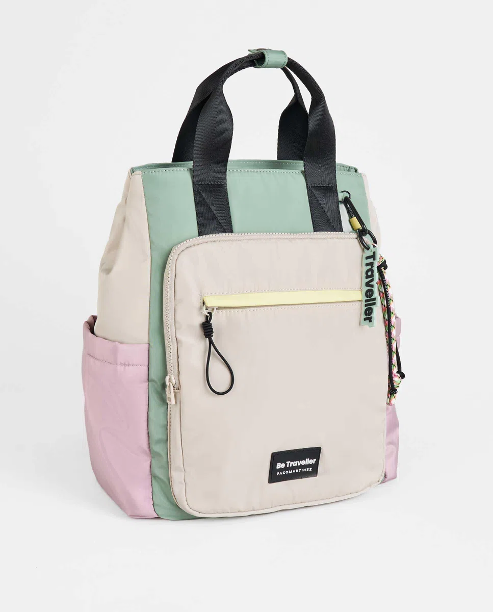 PACO MARTINEZ Mochila Traveller Multicolor para Mujer, Bolso Mochila para Portátil 13", Tamaño Grande, Asas Dobles, Color Gris, Malva, Verde Menta y Amarillo - 37x42x22 Centímetros