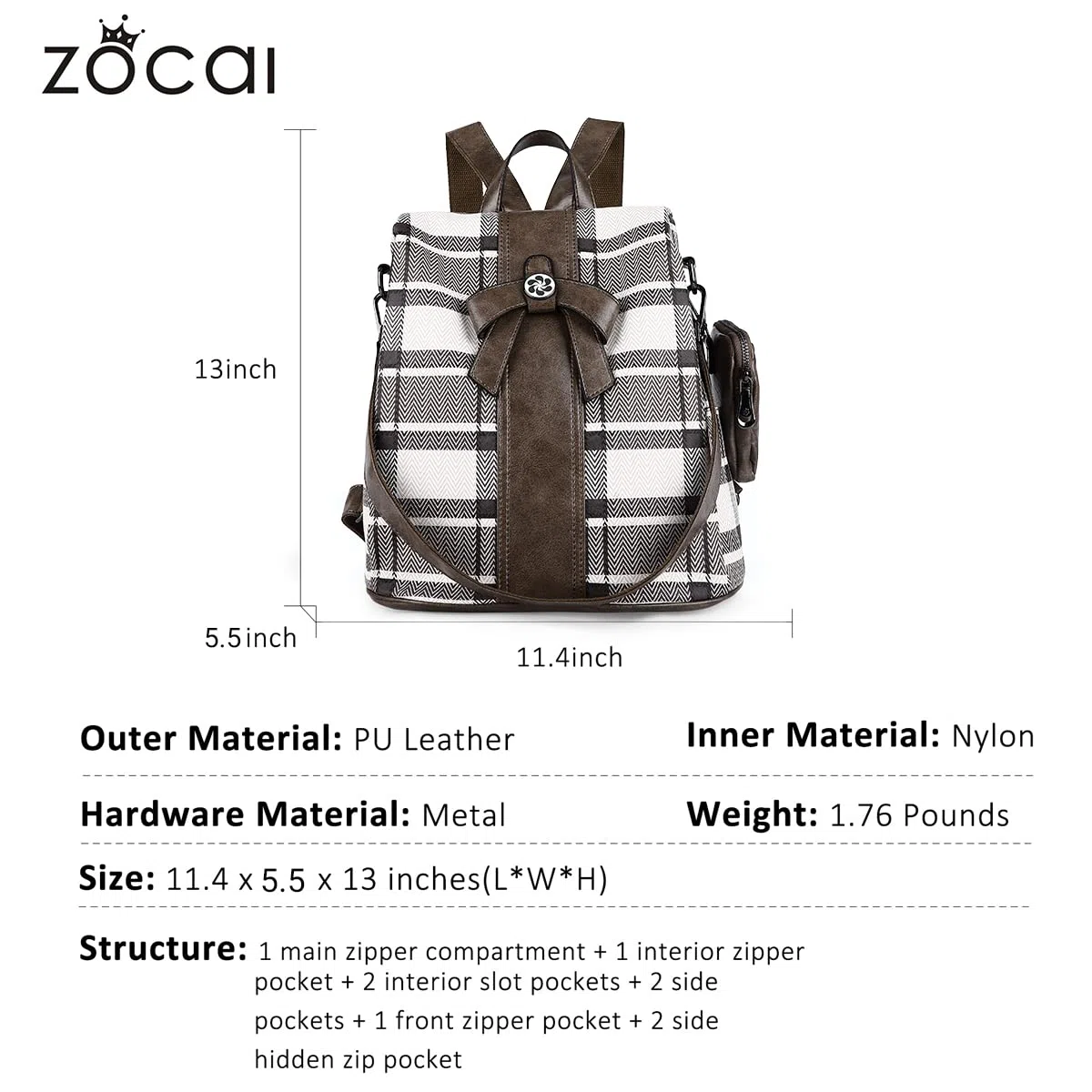 ZOCAI Mochila monedero para mujer de moda, carteras, de piel sintética, mochila diaria, antirrobo, bolso de hombro, monedero, 2khaki Khaki, M