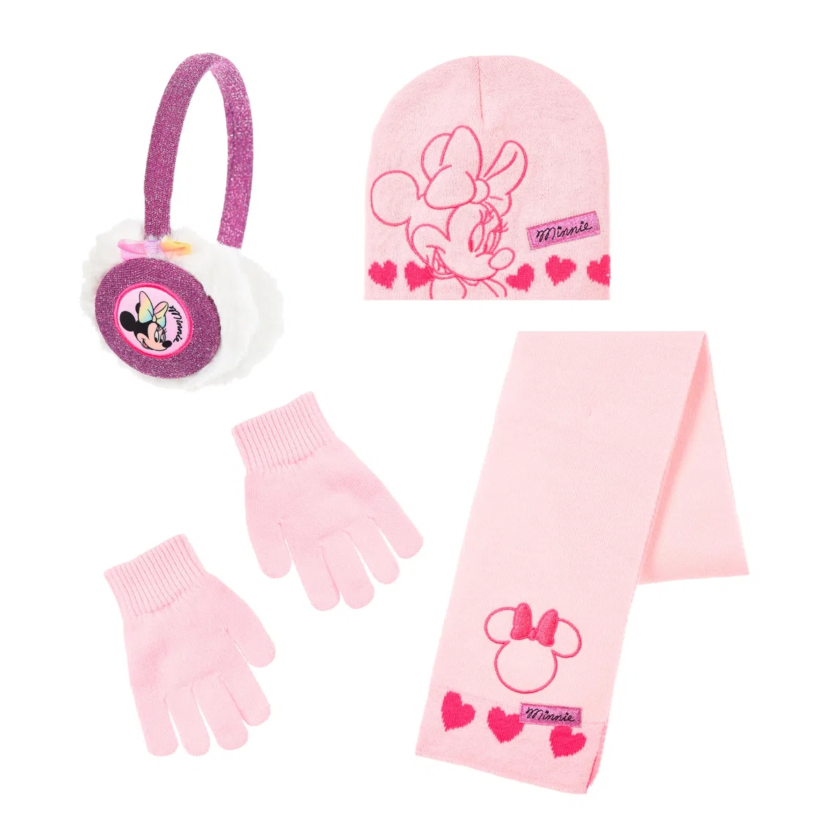 Disney Minnie Mouse Gorro Bufanda Guantes y Orejeras para Niñas, Diseño Brillante Gorro de Invierno Infantil, Regalo para Niñas