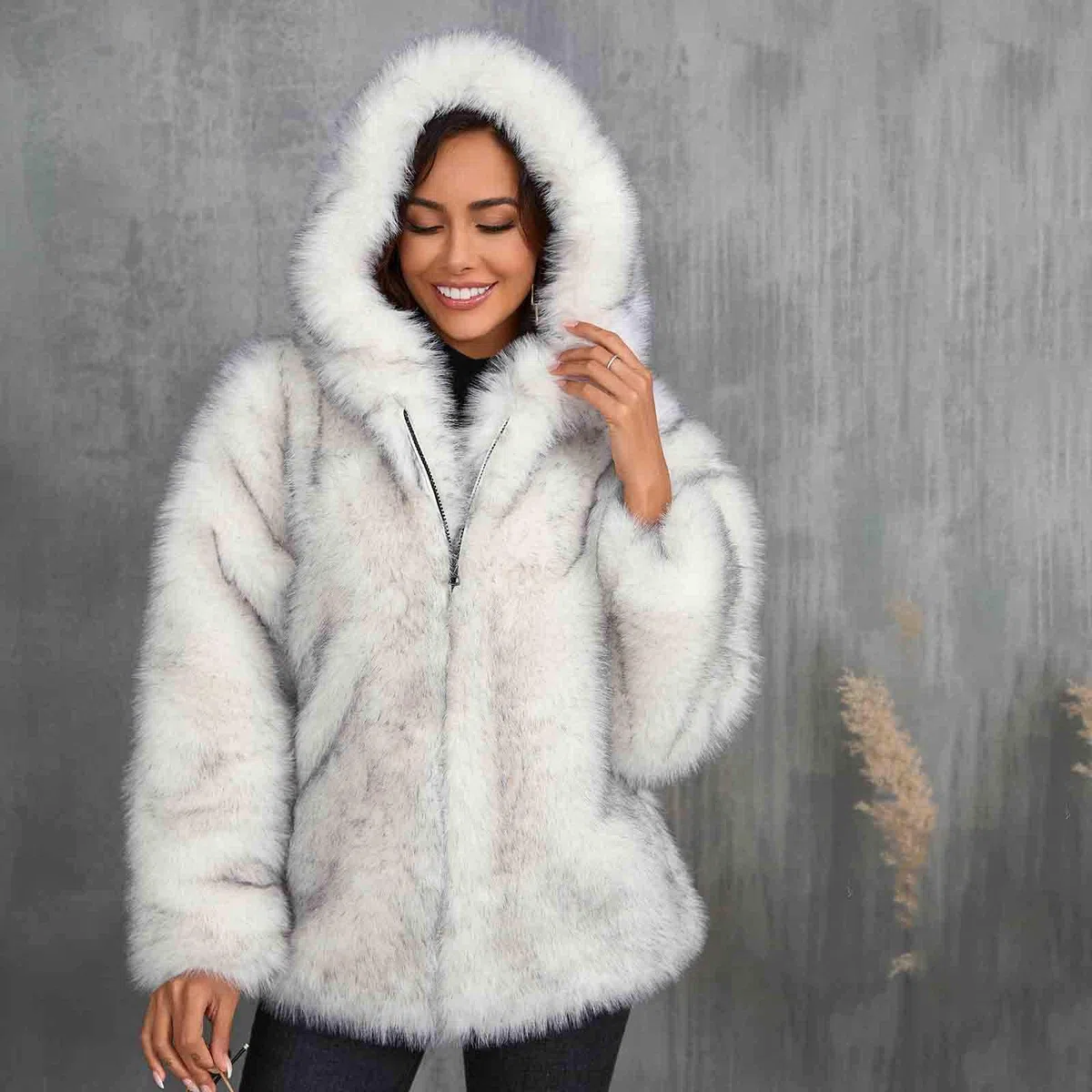 HAOLEI Chaqueta de Piel Sintética Reversible para Mujer con Capucha Grueso Cálido Abrigo Forro Polar de Invierno Moda Abrigos Mullido de Manga Larga con Cremallera Elegante Lujo Faux Fur Jacket
