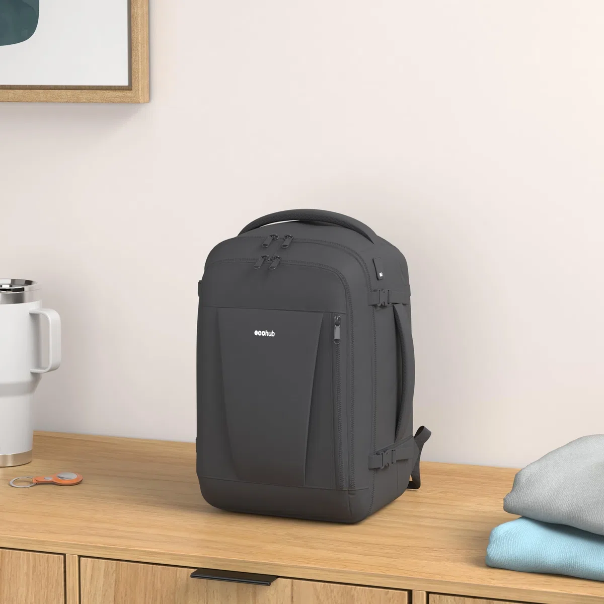ECOHUB Mochila de Viaje Cabina Avion 40x20x25 Ryanair Con 13 Compartimentos Para Mujer y Hombre, Maleta Debajo del Asiento, Equipaje de Mano 40x30x20 20L, Recicladas, Patentado, Negro