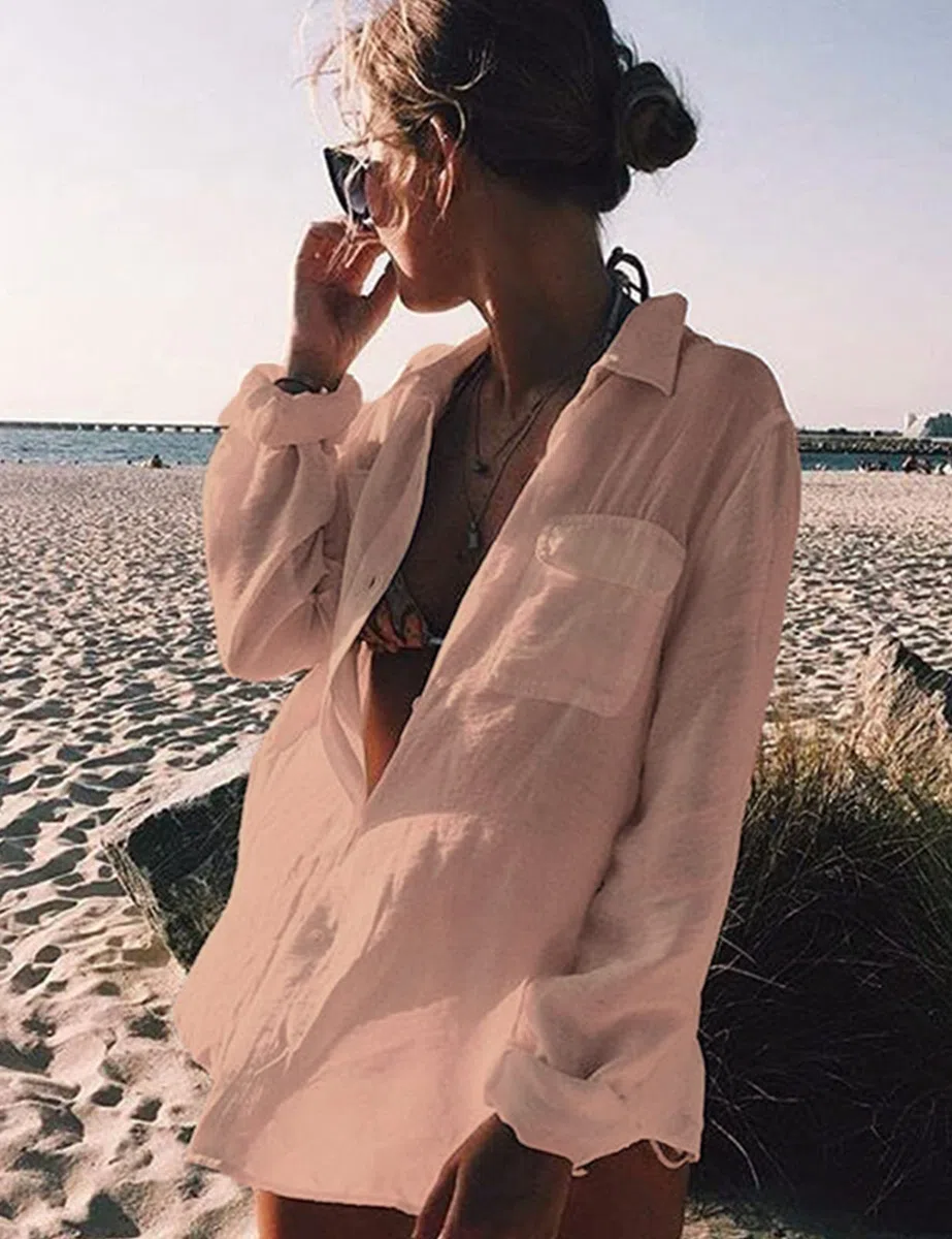 Niwicee Vestido Playa Mujer Camisa de Playa Cuello V Manga Larga Bikini Cover Up con Botón de Bolsillo Casual Blusa Tops Poncho de Playa