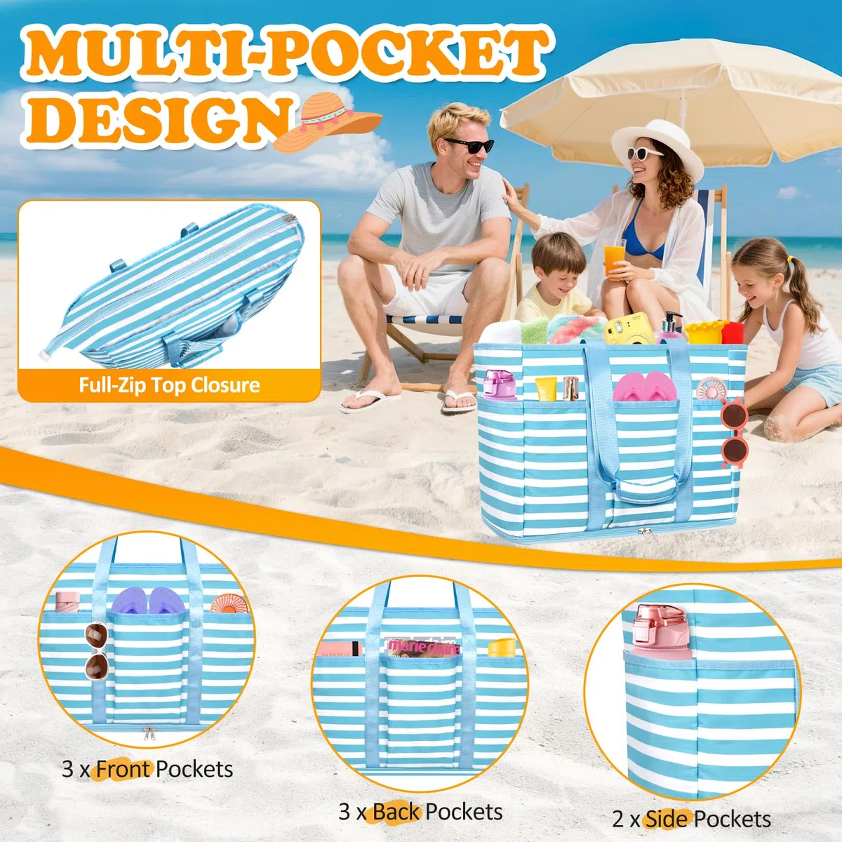 TEUEN Grande Bolsa de Playa XXL, Plegable Bolsa Playa Familiar con Cremallera Bolsa de Viaje Shopper Bolso de Hombro Mujer Tote Bag de mano para Playa Vacaciones,Compras,Trabajo,Viaje