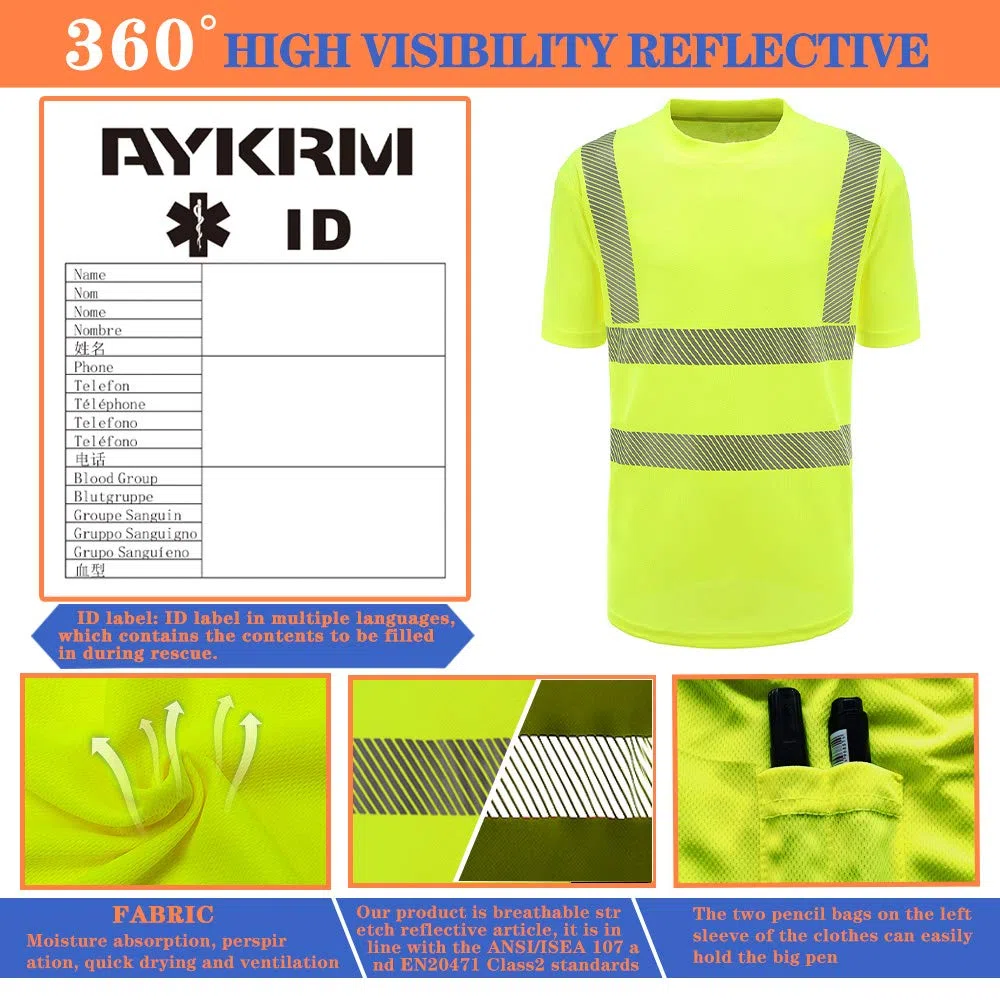 AYKRM Camiseta Transpirable Trabajo Seguridad Reflectante de Alta Visibilidad Amarillo Naranja Fluo
