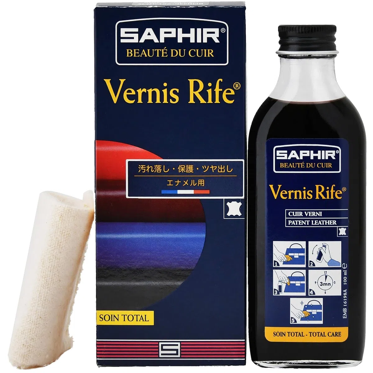 Saphir Vernis Rife 100 ml – Limpiador y abrillantador para cuero charol negro | Protege contra grietas y marcas | Brillo intenso sin siliconas | Con gamuza de aplicación