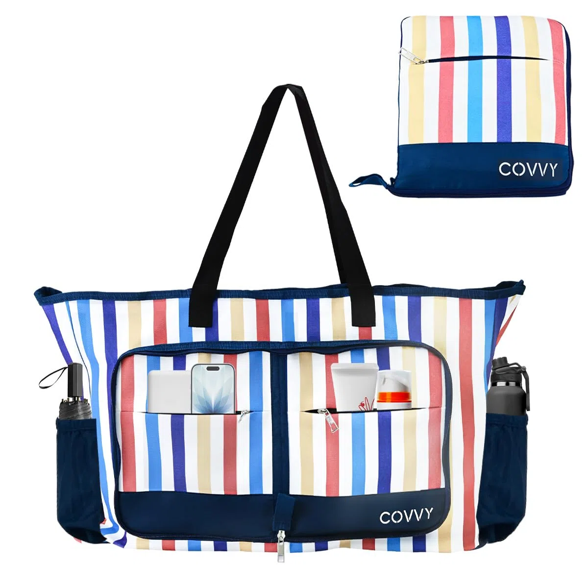 Bolso de playa COVVY, extra grande para mujer, con cierre de cremallera, impermeable, con funda para teléfono, abrebotellas, múltiples bolsillos, resistente al agua, a prueba de arena, plegable